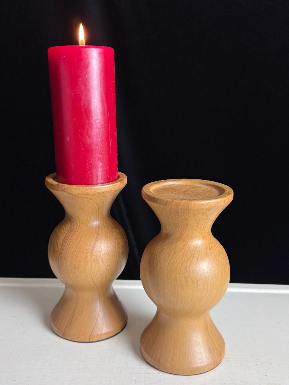 2 Scott Living Drew Jonathan Pillar CandleHolders Ceramic Candlesticks Faux Wood